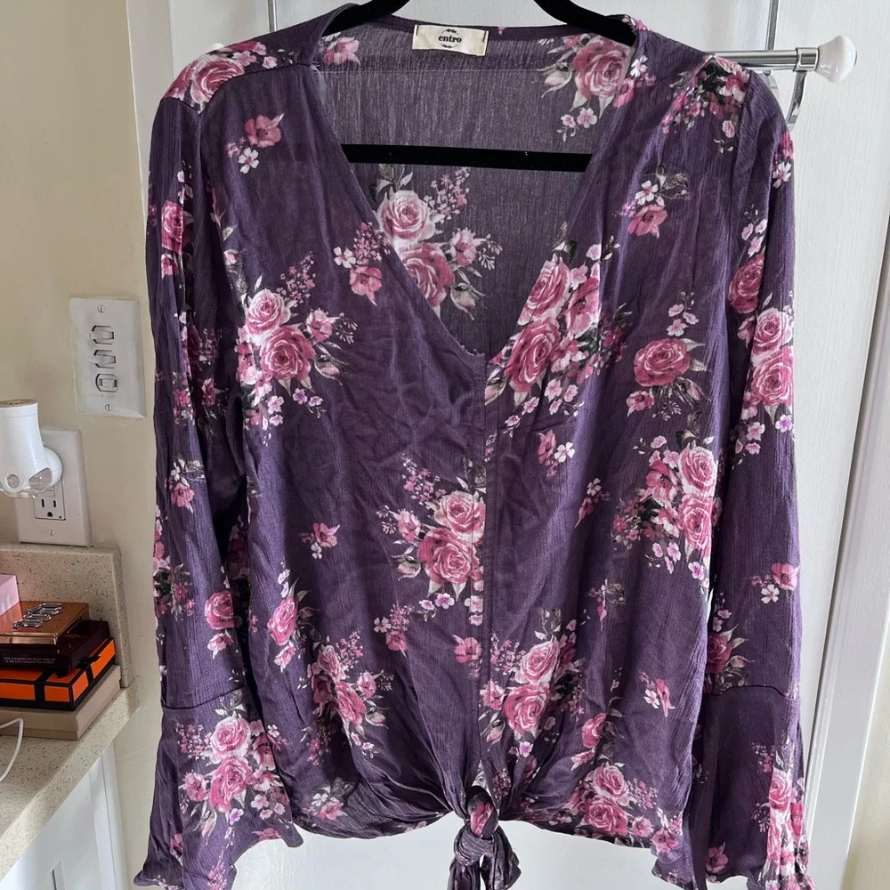 Entro Floral Long Bell Sleeves with Front Tie Blouse